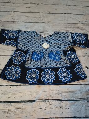 Matta Blue Black Cotton Sapna Kanga Babydoll Top OS NWT